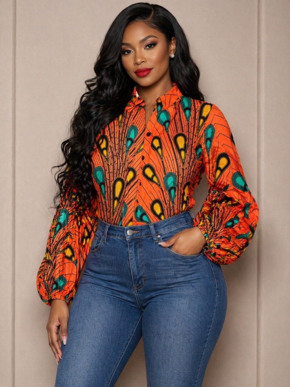 African Print Bold Orange Printed Button-Up Blouse